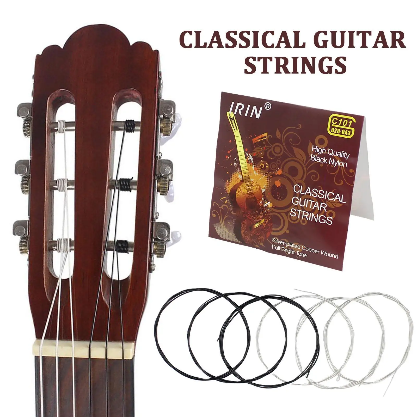 6Pcs Classical Guitar String Set Black Nylon Core Silver-Plated Wound 1st-6th Guitar Strings Guitarra Spare Part