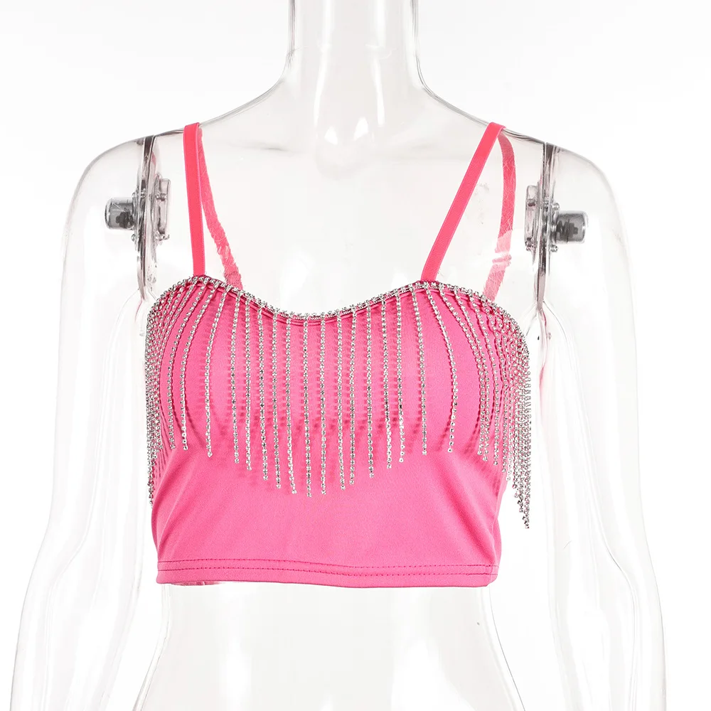 Uniformes de actuación escénicos sexys para club nocturno con tirantes y cadena de diamantes de imitación con flecos