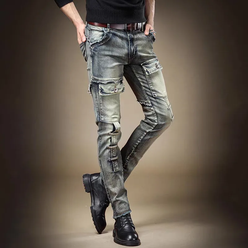 

American Retro Workwear Jeans For Men Autumn Style Distressed And Frayed Hem Trendy Slim Fit Long Pants