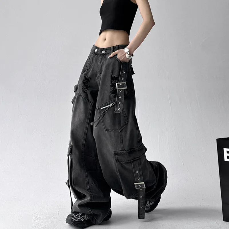 2026 Personalized Ribbon Ripped Irregular Button Jeans Women Vintage Wide Legs Multiple Pockets Distress Streetwear Cargo Pants