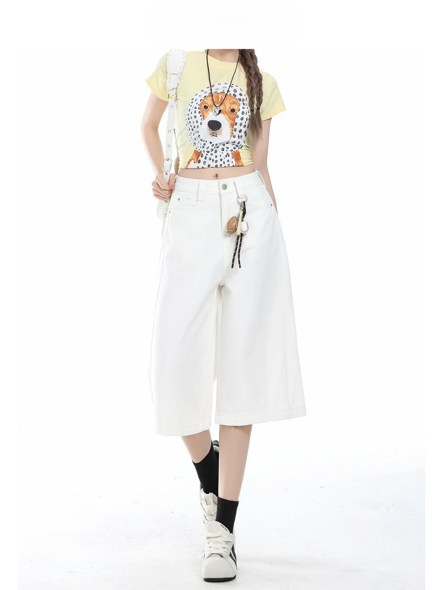 Pantalones vaqueros de pierna ancha y cintura alta estilo americano, pantalones capri para mujer, corte holgado, color blanco, pierna recta, longitud media, Forever 21