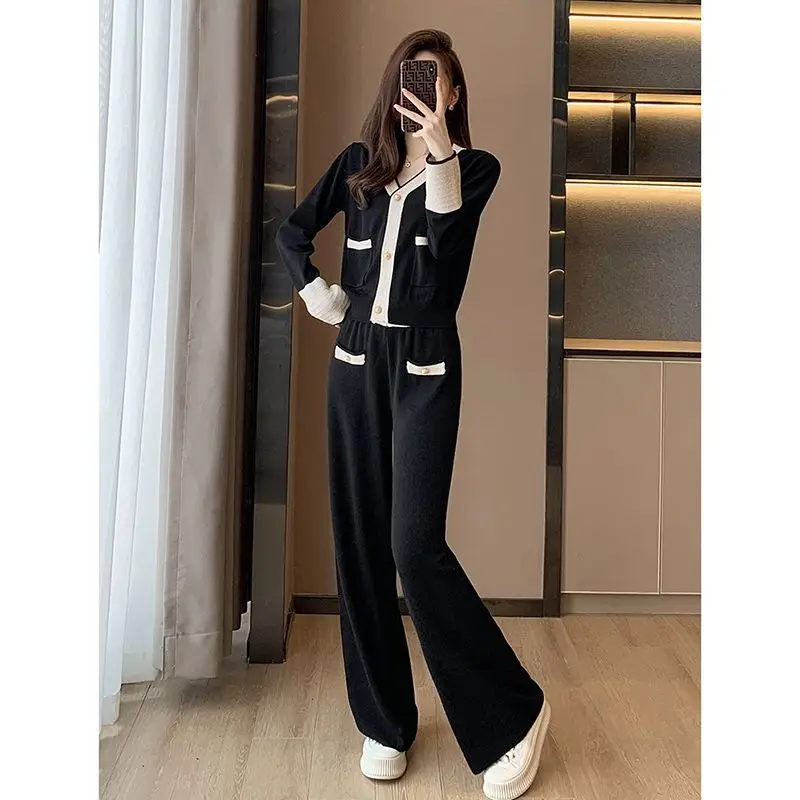 Women's Autumn Winter Knitwear Outfits Graceful Patchwork V-Neck Sweater Coat Wide Leg Pants Two Piece Sets Lady Casual Suits