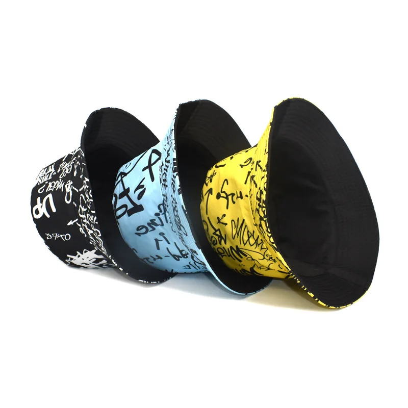 Bocca Letter Graffiti Bucket Hat Double Sides Reversible Panama Fisherman Hats Men Women Outdoor Sun Cap Fashion 2023 New Style