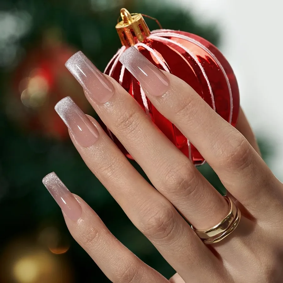 XCOATTIPS Stampa sulle unghie Unghie con punta francese Cat Eye Punte per unghie lunghe e quadrate Unghie finte in gel morbido per l'uso quotidiano ed eventi speciali E