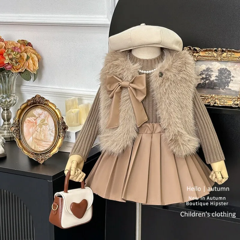 

Girls Clothes Suit 2025 Autumn New Korean Style Fashionable Foreign children's Fur Vest Top Sweater and Skirt Three Pieces