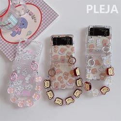Korean Cute Rabbit Bear Phone Case For Samsung Galaxy Z Flip 6 5 4 3 Flip5 Flip3 Flip4 5G Cover with Chain Cartoon Hinge Cases