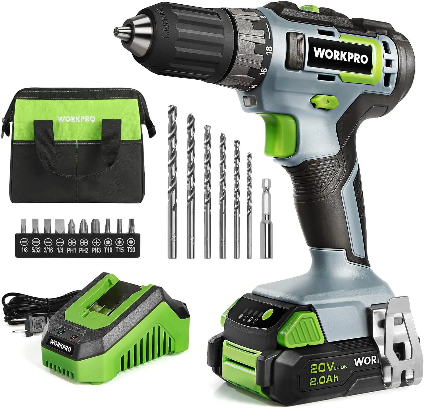 

Cordless Drill Driver Kit, 3/8" Keyless Chuck, 2.0Ah Li-ion Battery, Fast Charger & Storage Bag