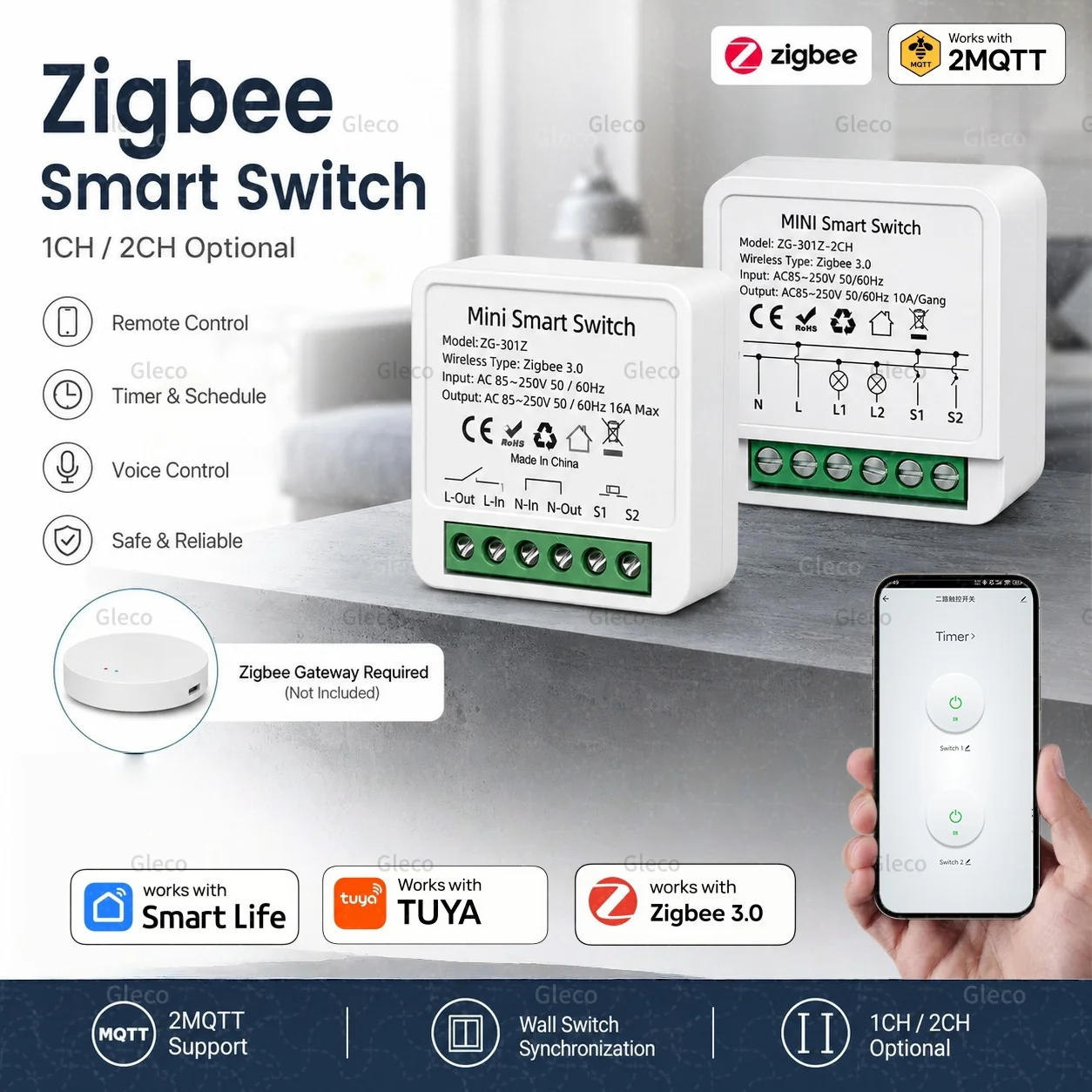 Zigbee Smart Switch Schalter 16A 1/2-fach Smart Home Relais Automatisierungsmodul Kompatibel mit Zigbee 2MQTT TUYA Google Alexa Gateway Hub