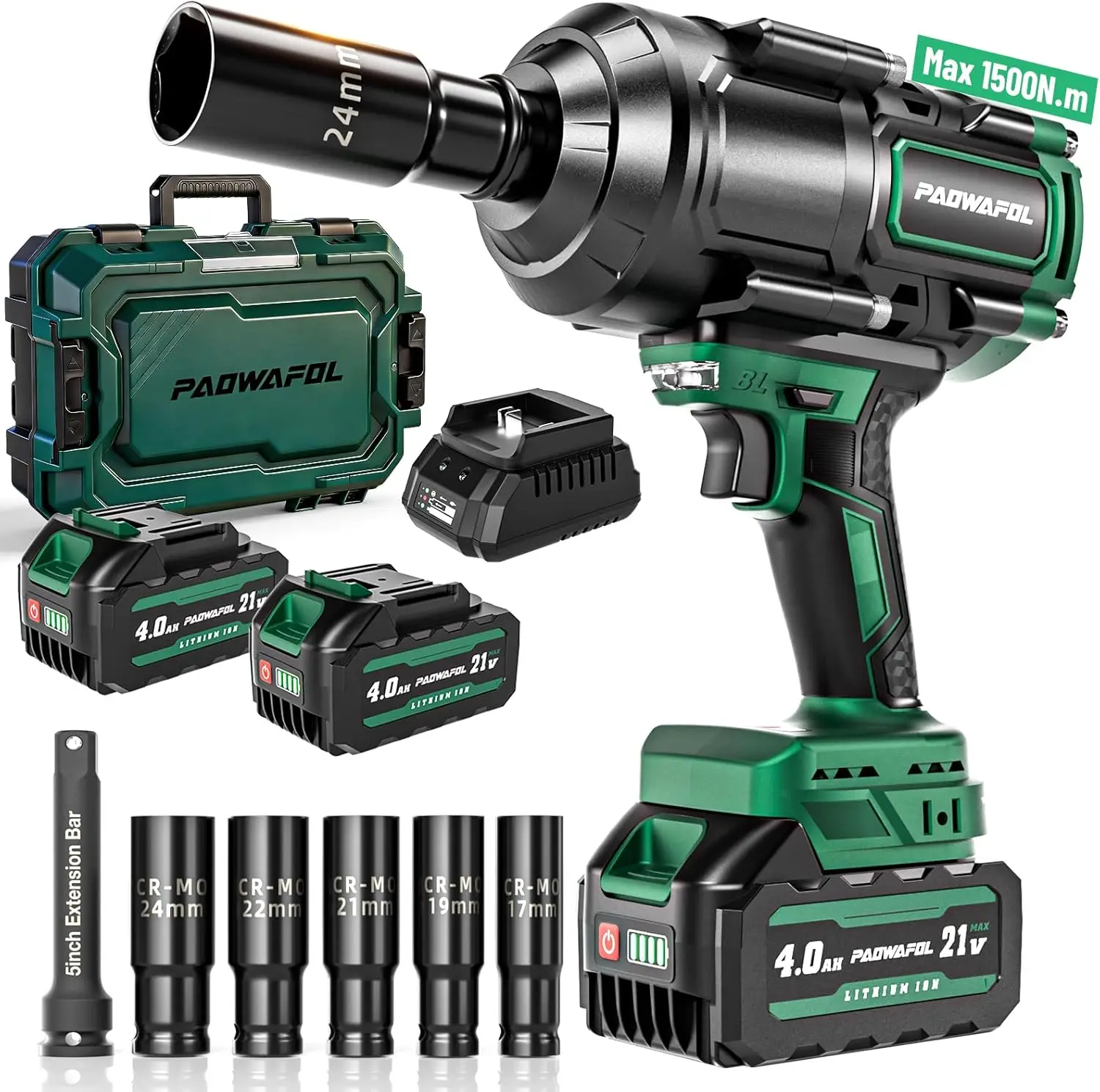 

2026 Upgrade 1500N.m High Torque Impact Wrench, 1/2" Brushless, 21V 2x4.0Ah Battery, Fast Charger & 5 Sockets for Auto Repair