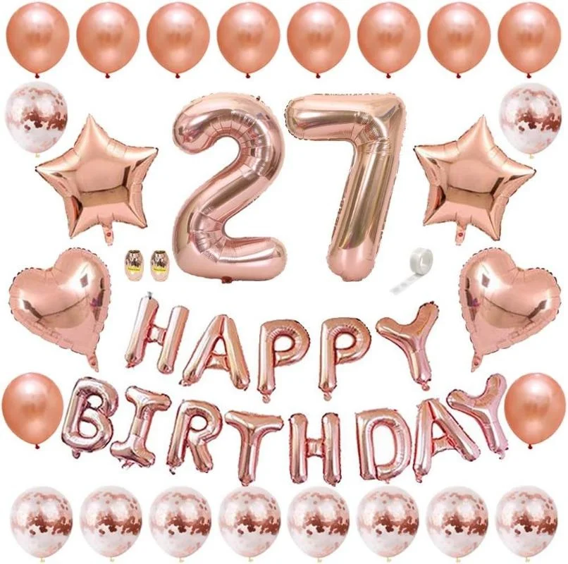 

Комплект воздушных шаров с баннером из розового золота, воздушный шар на 27 день рождения, номер 27, воздушный шар из алюминиевой фольги, конфетти, латексный шар