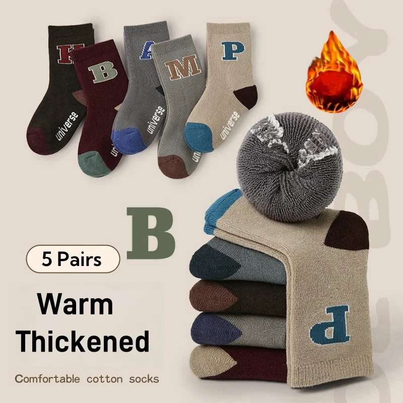 

Boys Thicken Cotton Socks Warm 5 Pairs Children's Warm Socks Winter Newest Alphabet Pattern Socks Cartoon Kids Terry Socks