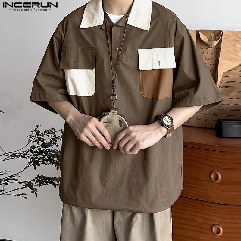 

INCERUN Men Shirt Patchwork Lapel Short Sleeve Button Loose Men Clothing Summer Korean Style Streetwear 2025 Casual Male Shirts