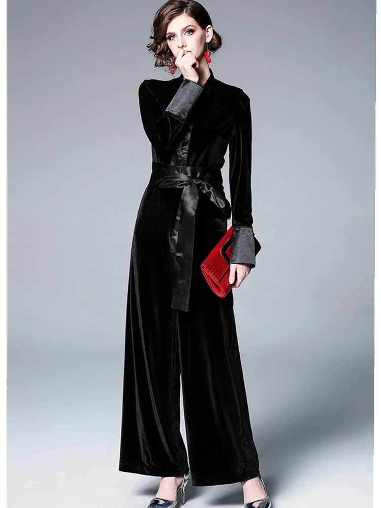 

Party Jumpsuits For Women 2023 Sexy V Neck Long Sleeve Black Gold Velvet Jumpsuit Bandage Wide Leg Long Trousers Female Overalls