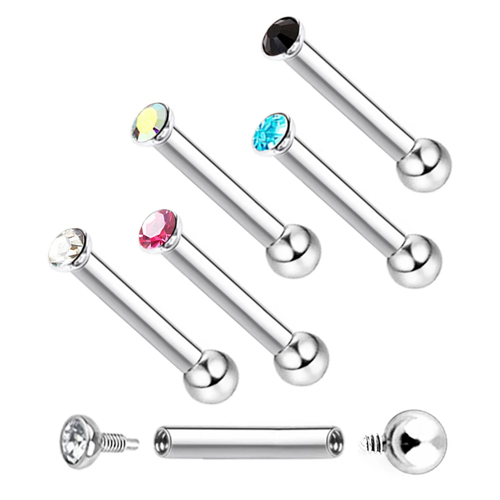 2mm Tiny Crystal 16g Steel Ear Stud Helix Tragus Cartilage 6/8/10/12/14mm Bar Earrings Internally Threaded Piercing