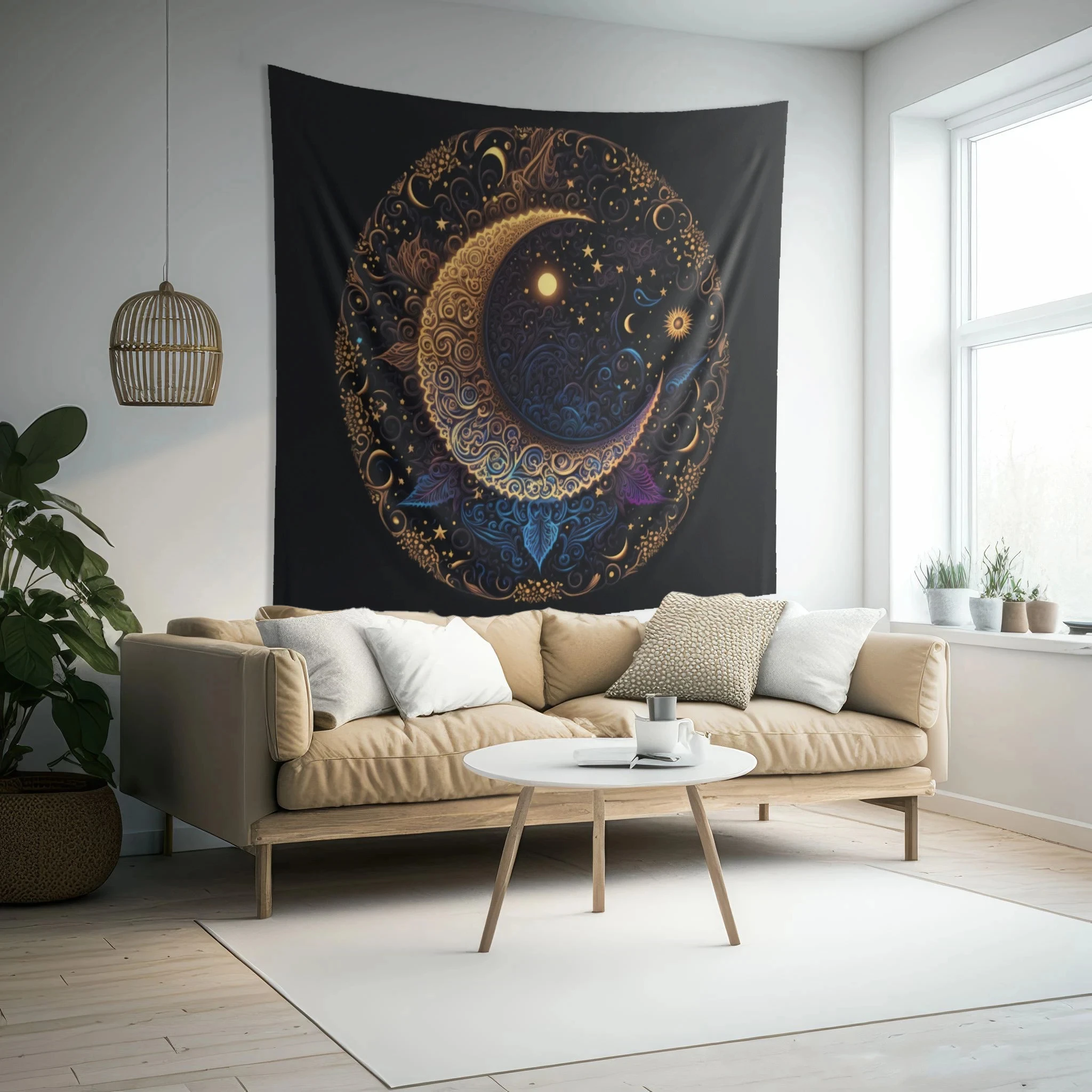 VIKAMA Black Gold Star Moon Mandala Tapestry Mysterious Background Cloth Dark Black Wind Living Room Room Decoration