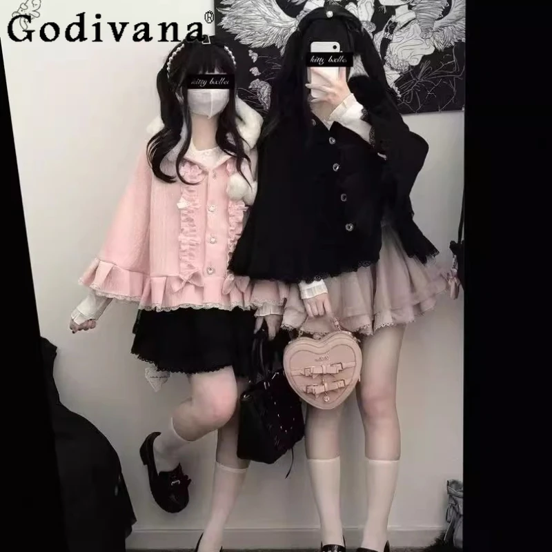 

Lolita Cute Hooded Plush Capes for Women Winter Japanese Style Lolita Cape Shawl Coat Female Fleece Knitted Princess Ponchos