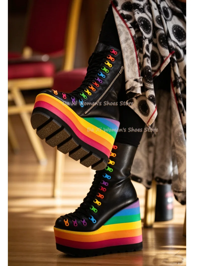 Rainbow Stripe Extra-Thick Sole Women's Ankle Boots Black  Leather Color Shoelace Eyelet Crisscross Straps Women's Winter Boots