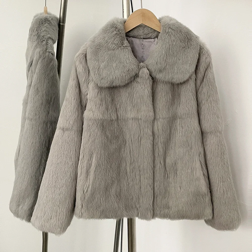 2025 novo curto natural jaqueta de pele de coelho outono inverno roupas femininas moda digna quente casaco de pele real feminino outerwear senhora