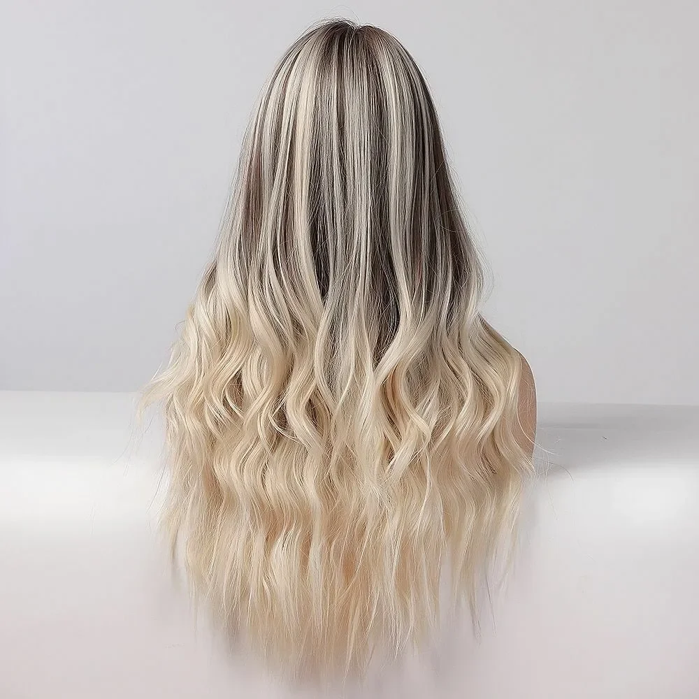 Peruca sintética de onda natural longa para mulheres, fibra resistente ao calor, loira mista, cabelo falso, marrom ombre