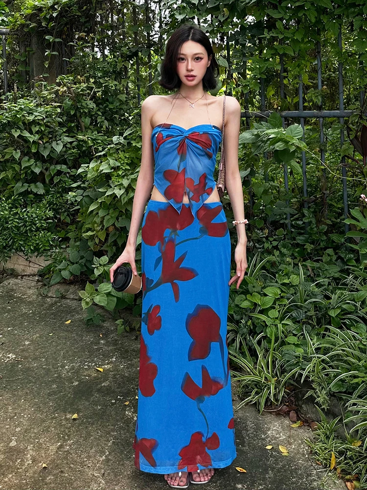 

Blue Seductive Romantique Halter Neck Top And Slim Fit Skirt Set Women's Fashion Elegant Style Two-Piece Suit for Teens