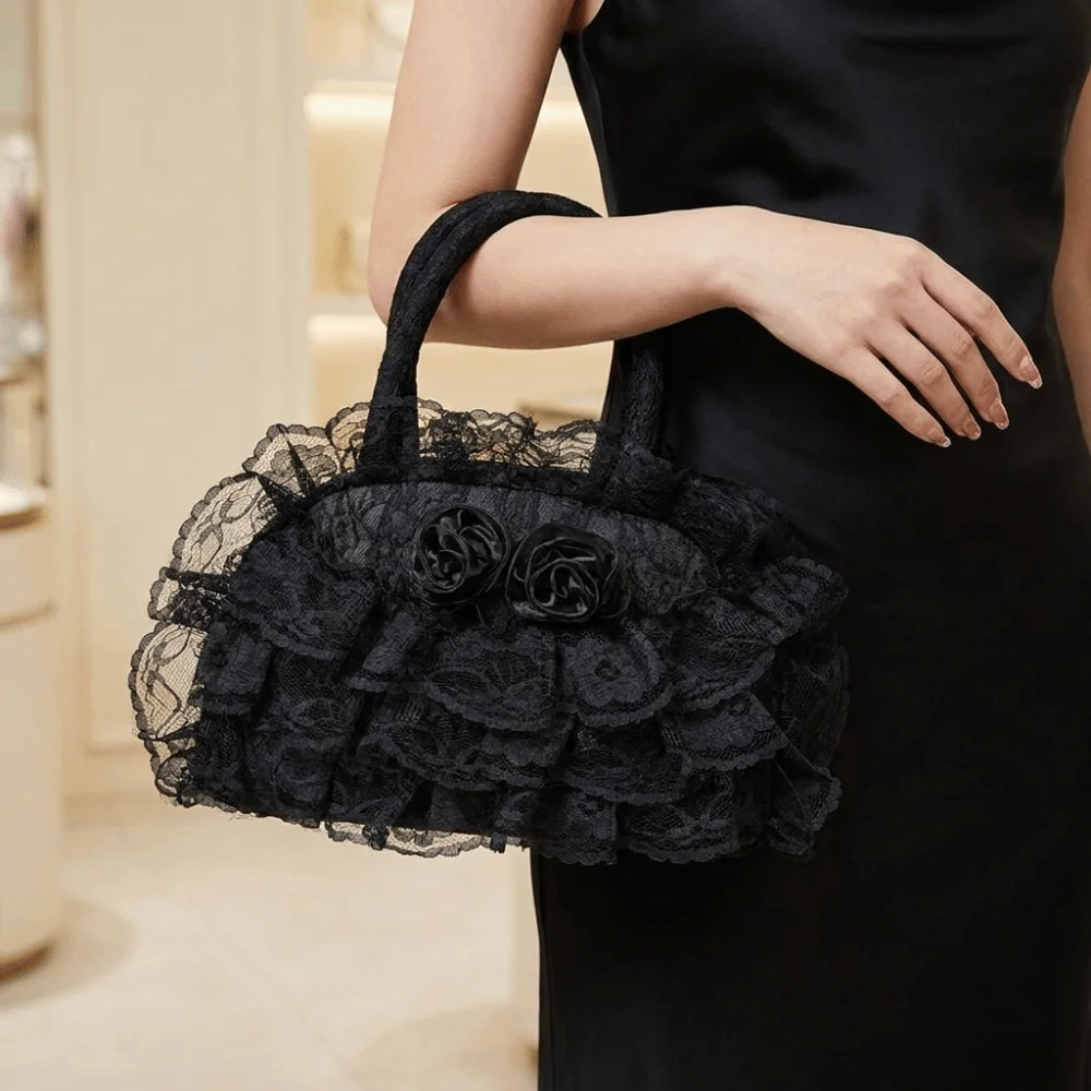Polyester Material Ruffled Lace Handbag 3D Fabric Rose Multilayer Lolita Bag Dome Top Handle Spacious Interior Small Tote Bag view 5