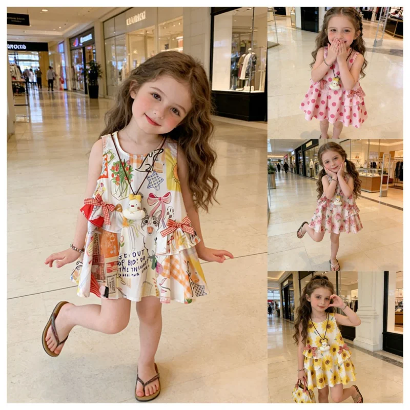 

2026New fresh and stylish summer dress for girls, fashionable seaside vacation dress, children's oil painting sleeveless tank dr