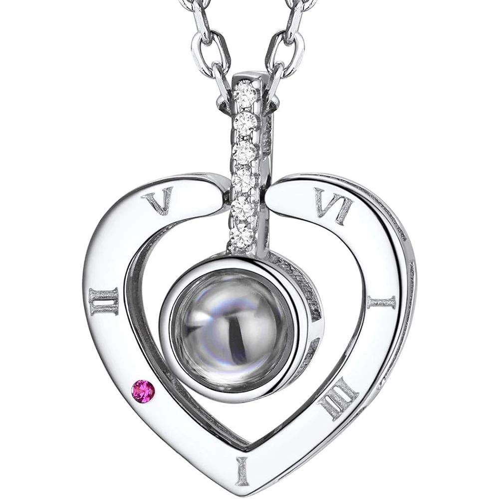 

925 Sterling Silver Cubic Zirconia Heart Necklaces I love you with 100 Languages Projection Pendant for Women