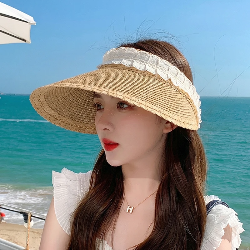 Sommerlicher Strohhut mit offenem Oberteil im koreanischen Stil, Sonnenschutz, Strandhut, Urlaubshut, Sonnenhut mit großer Krempe für Damen