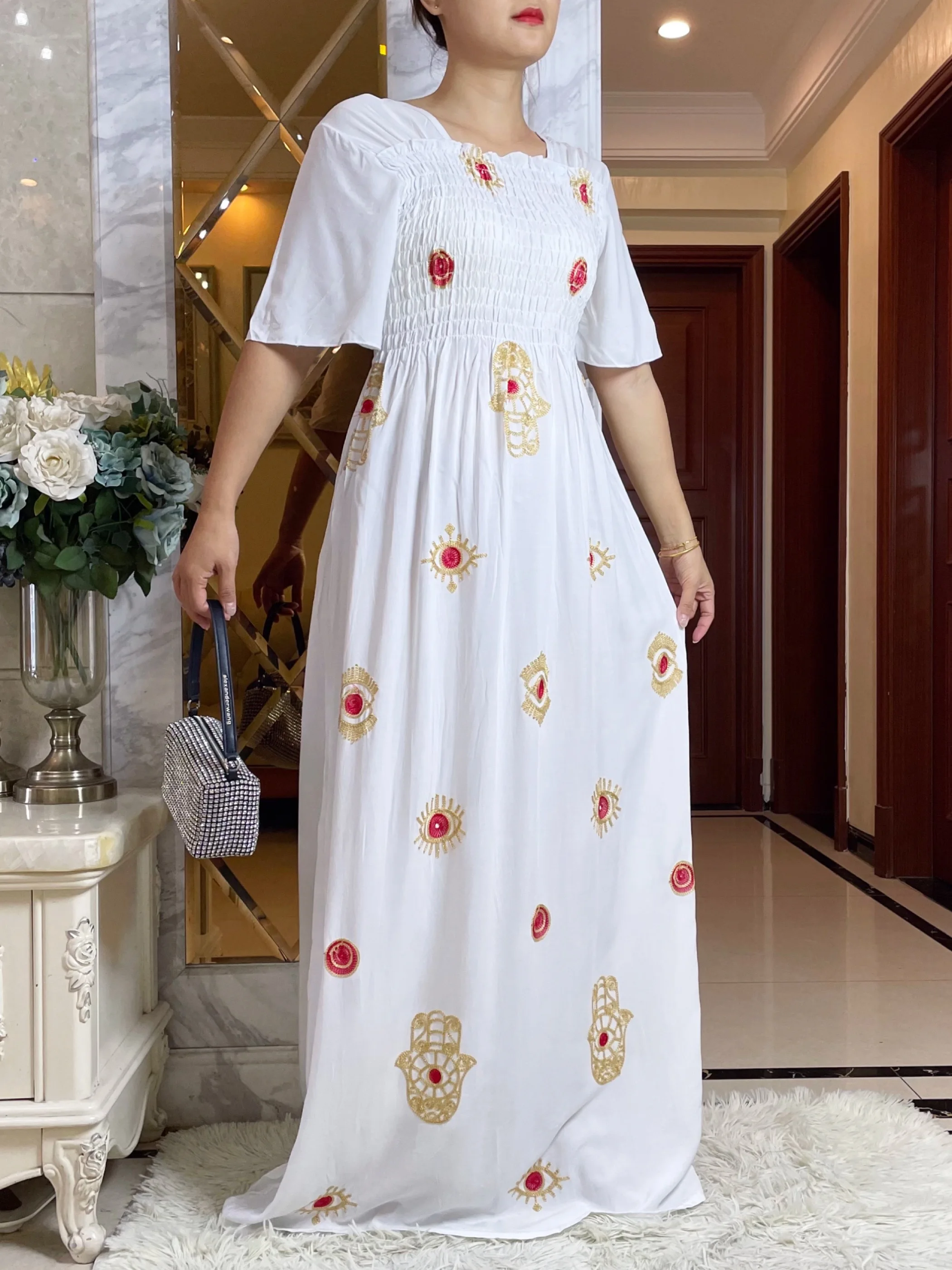 New Dubai Embroider Cotton Muslim Modest Dress For Women Elegant Arabic Femme Abaya Islamic Quarter Sleeve Turkey Clothing