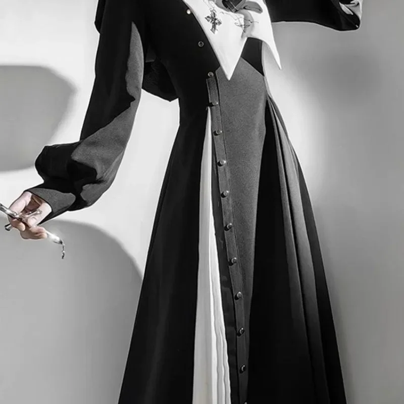 2025 初秋の新作長袖ドレス Y2k ゴシックダークアカデミア服原宿黒白ロリータドレス女性用