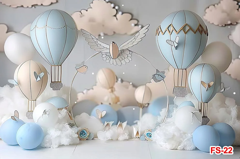 Hot Air Balloon Bear Photography Backdrops Blue Sky Clouds Photoshoot Background Newborn Baby Shower Cake Smash Decor Studio