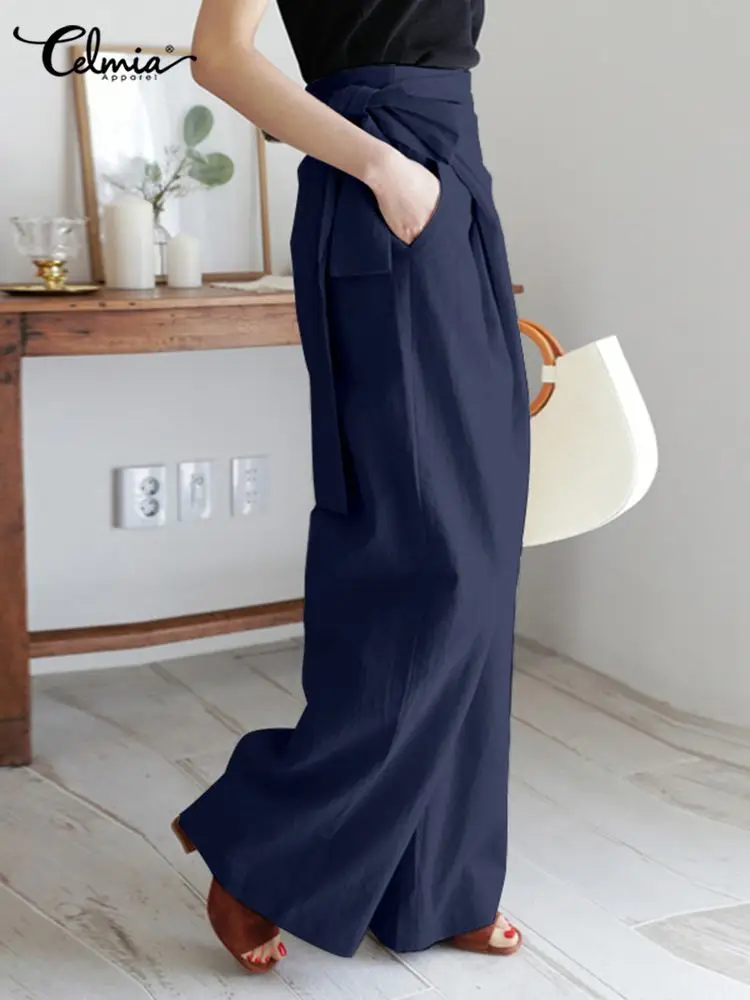 Celmia 2024 Summer Women Wide Leg Pant High Waist Casual Long Trousers Fashion Elegant Asymmetrical Cotton Linen Bandage Pants