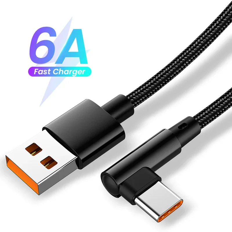 Кабель USB C, 6 А, шнур для быстрой зарядки, Тип C для Samsung, Xiaomi, Huawei, Redmi, шнур для зарядки 90 градусов, шнур для передачи данных для Poco