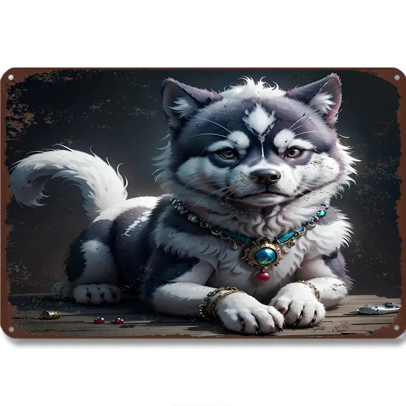 Fantasy - Themed Aluminum Metal Wall Art: Adorable Husky - Like Puppy with Ornate Jewelry, Ideal for Whimsical Decor, 7.9x11.8