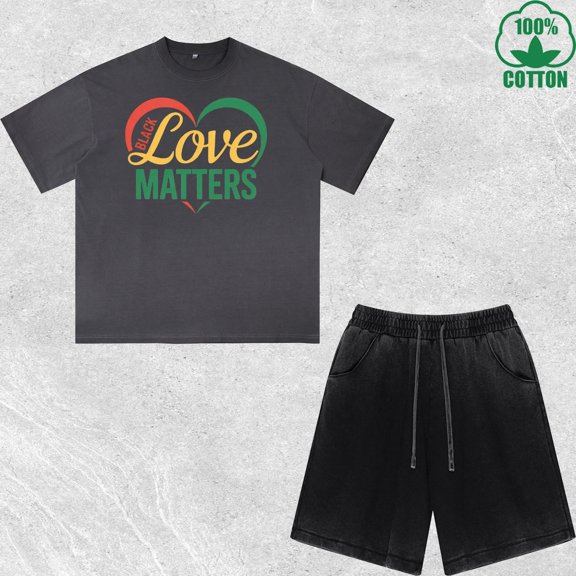 Set T-shirt e Pantaloncini Stampati Black Love Matters Effetto Delavé Multicolore, Vestibilità Ampia, Trendy, Alla Moda, 100% Cotone, Confezione Convenienza