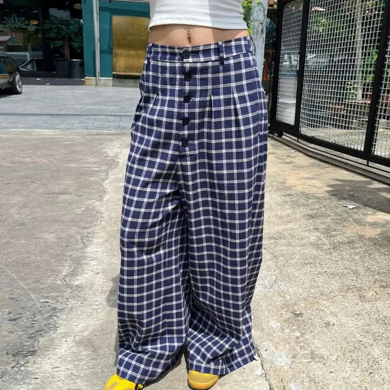 

MEXZT Harajuku Plaid Wide Leg Pants Women Y2K Streetwear Baggy Pants Summer Korean Vintage Casual Design Straight Trousers New