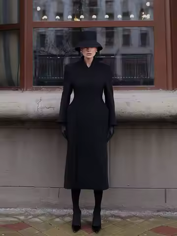 Elegant Hidden Button V-neck Long Coat Women Vintage Classic Waist-cinching Black Tweed Coats Lady Winter Chic Street Overcoats