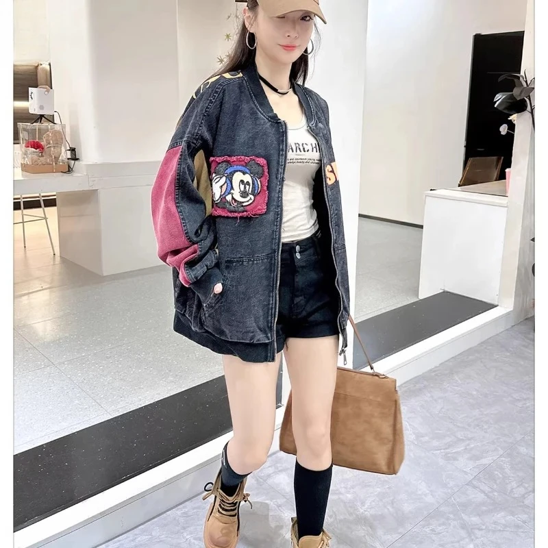 سترة ميكي ماوس كبيرة الحجم من قماش الدنيم المزودة بالترتر - سترة كرتونية راقية لتقليل العمر |   سترة عصرية فضفاضة