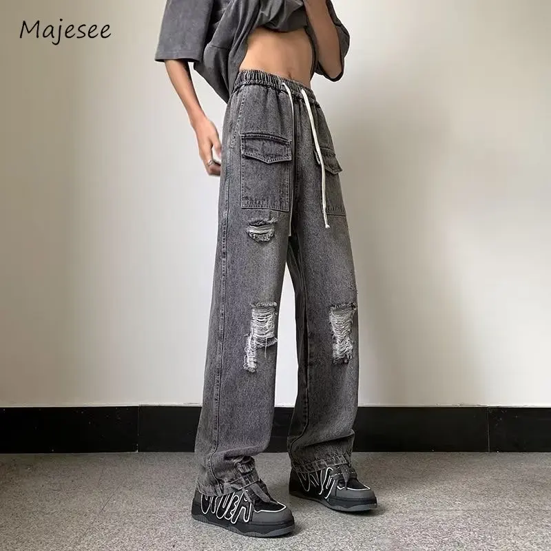 

Wide Leg Jeans Men Frayed Asymmetrical Drawstring Bleached Safari Style Loose High Street Raw Edge Japanese Spring Autumn