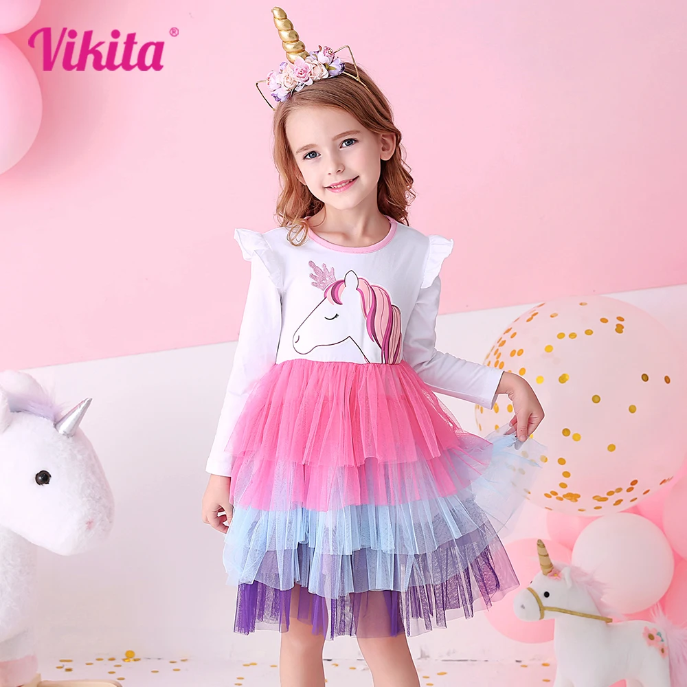 VIKITA Girl Unicorn Dresses Autumn Long Sleeve Sequins Vestidos Christmas Birthday Party Mesh Princess Dress Children Clothing