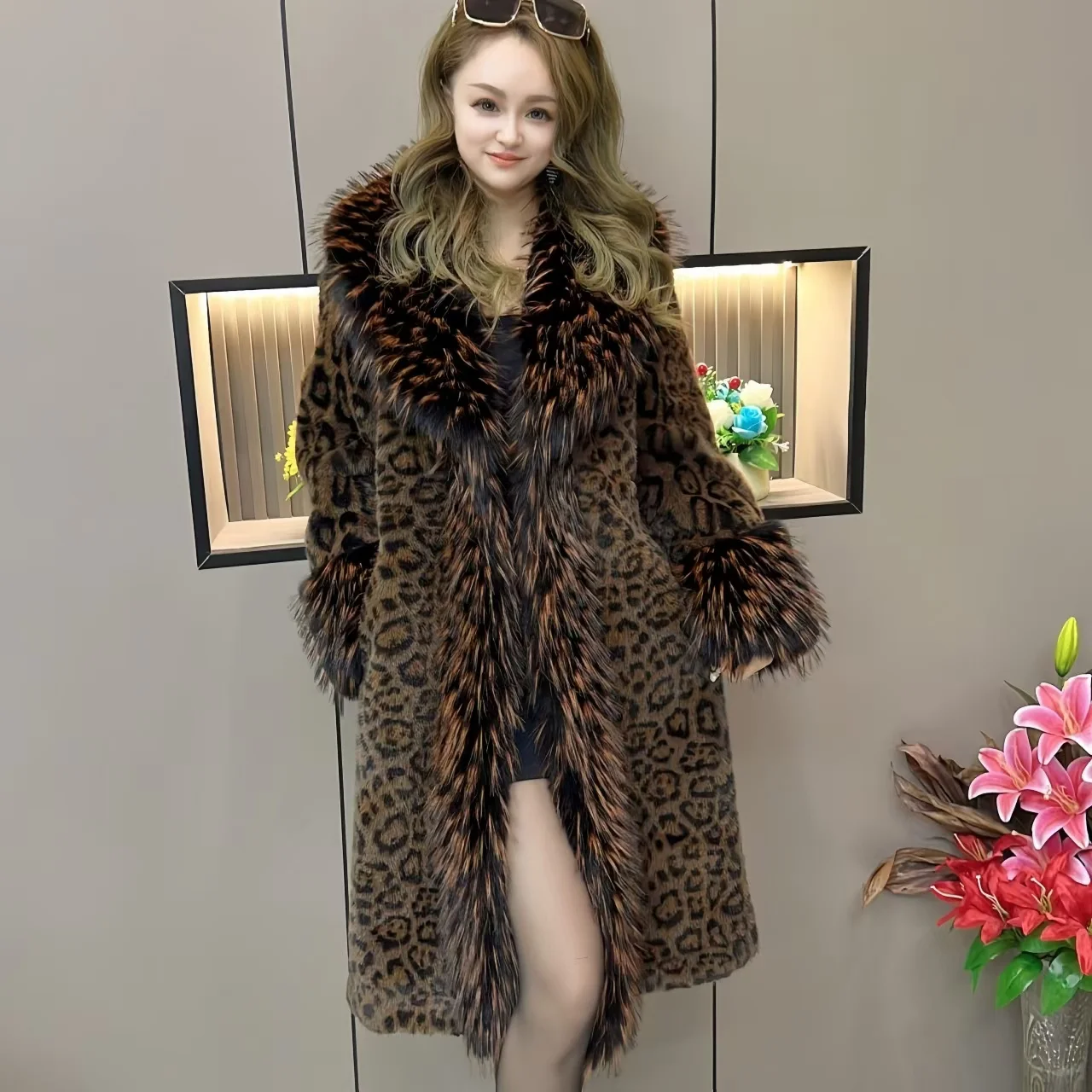 Faux Fur Coat for Women,Spliced Long Jacket,Thick Warm Female Clothes,Fox Fur Collar,Autumn and Winter,2025