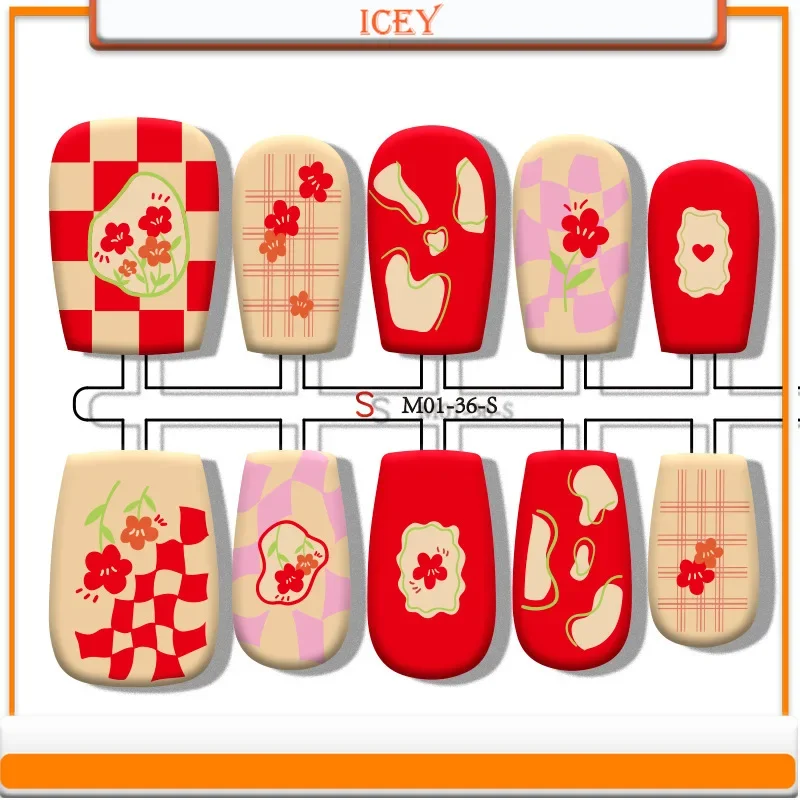 

Icey Beauty 30pcs Grid Patterned Small Red Flowers Press on Nails Pre Made Armor for Wearing Semi Handmade Divided Armor Pieces