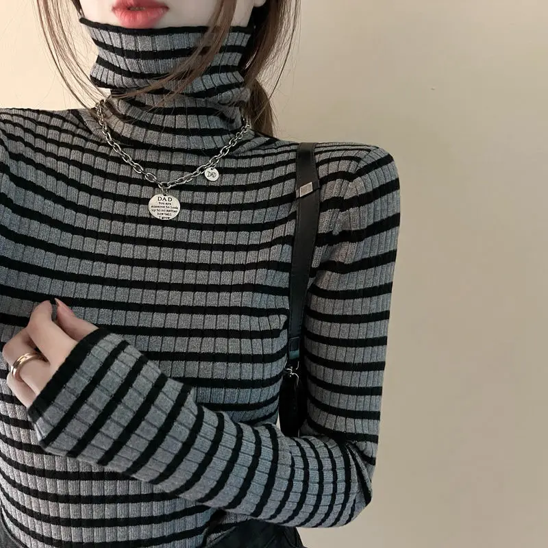 Women Clothes Fashion Plaid Knitting Pile Collar Long Sleeve Pullovers Autumn Fashionable Striped Sweater Ladies Bottoming Shirt