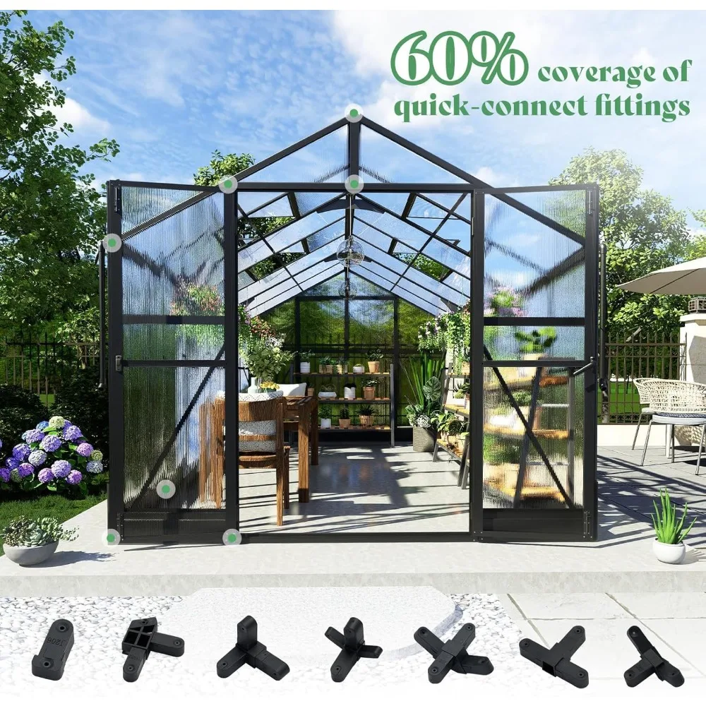 Polycarbonate Greenhouse, Walk in Green House with Quick-Connect System, 4 Vent Windows and Swing Door, Outdoors Greenhouses