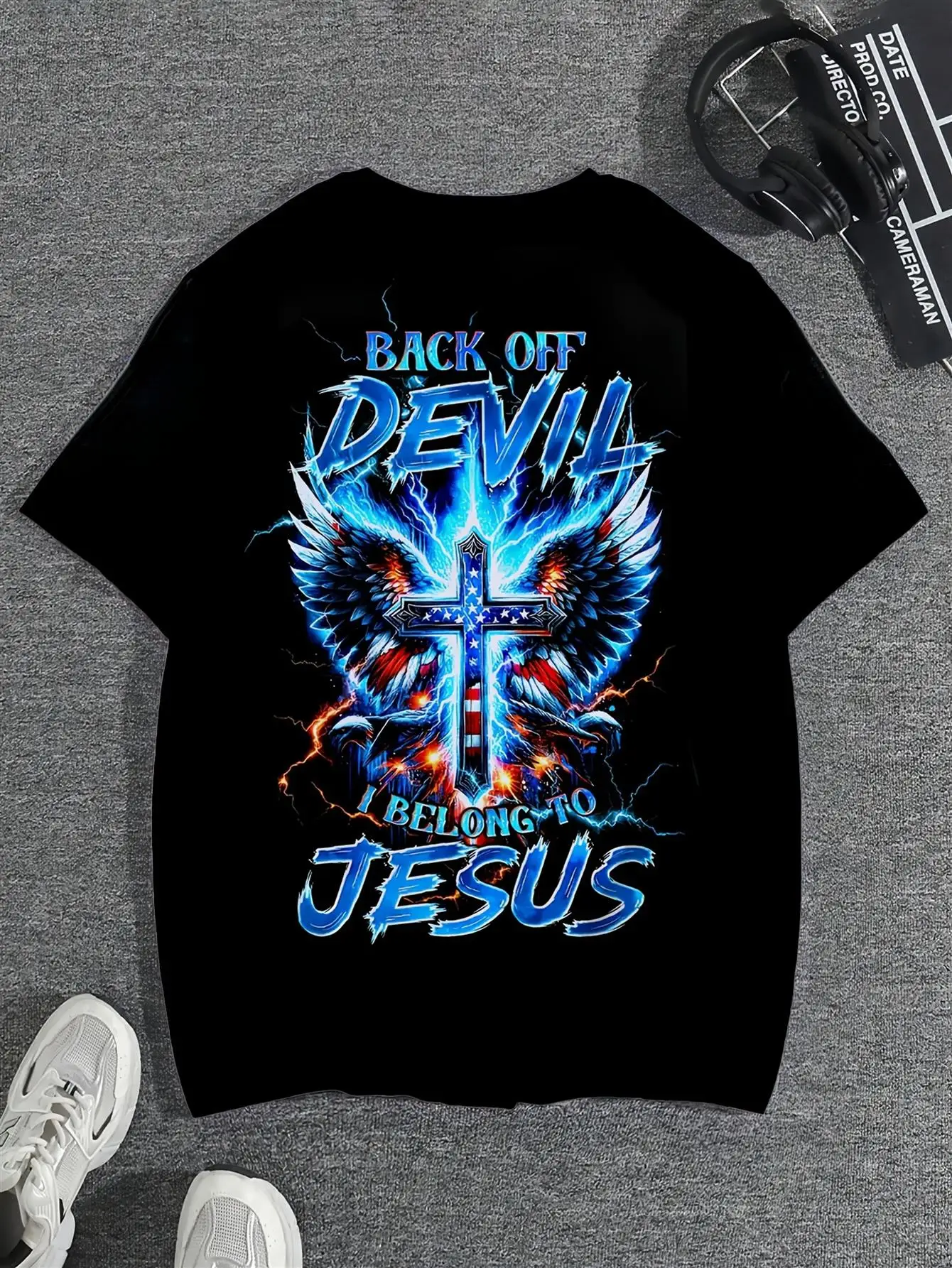 Men's Heavyweight Christian T-Shirt - Plus Size, Tall Cut S-3XL, Eye-catching cross and wings print on the back, featuring the design 