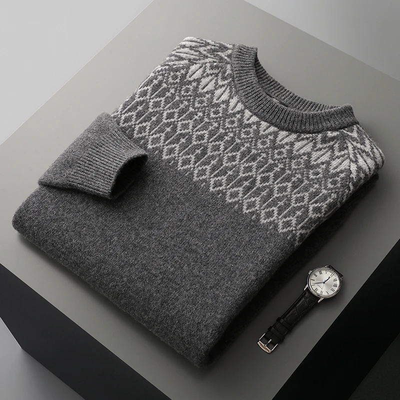 Shoulder jacquard Autumn/Winter new 100% Merino wool cashmere pullover Men's O-neck pullover warm bottom knit shirt top