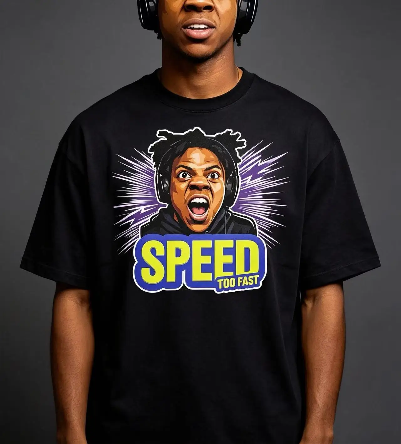 Unisex Speed Too Fast Character Headphone Lightning Graphic T Shirt Men Women Hip Hop Streetwear Cartoon Print Oversized Crew Neck Cotton Tee