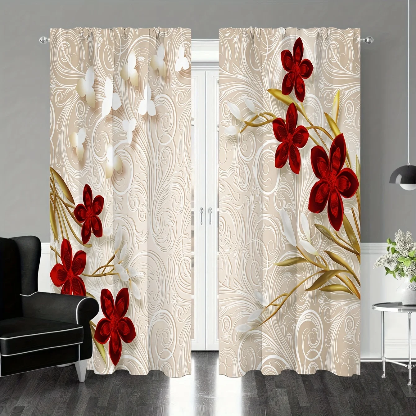 

2pcs Luxury Beautiful Flowers Print Curtain Rod Pocket Curtains, Decorative Curtains For Living Room Bedroom Office Home Decor