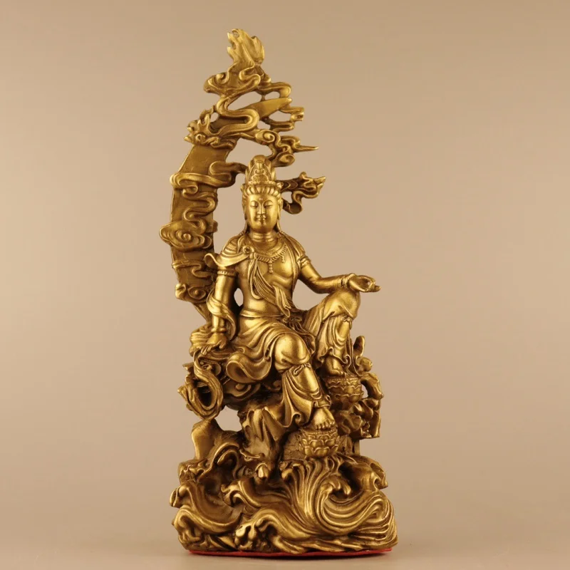 Brass Bodhisattva Ornaments Home Worship Buddha Water And Kuan-Yin Moon Guanyin Copper Statue