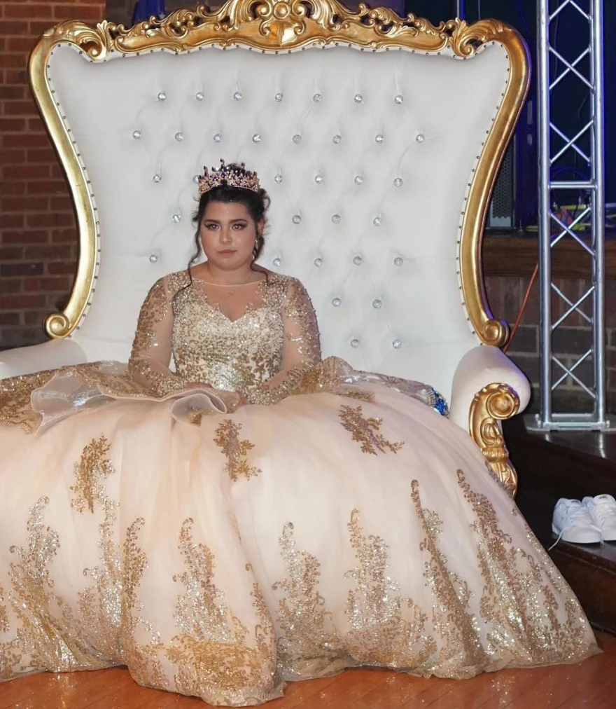 Vestidos De quinceañera color champán personalizados, Vestido De baile De manga larga con lentejuelas y cuentas, Vestido dulce 16, Vestido De 15 Años YQD72 2024